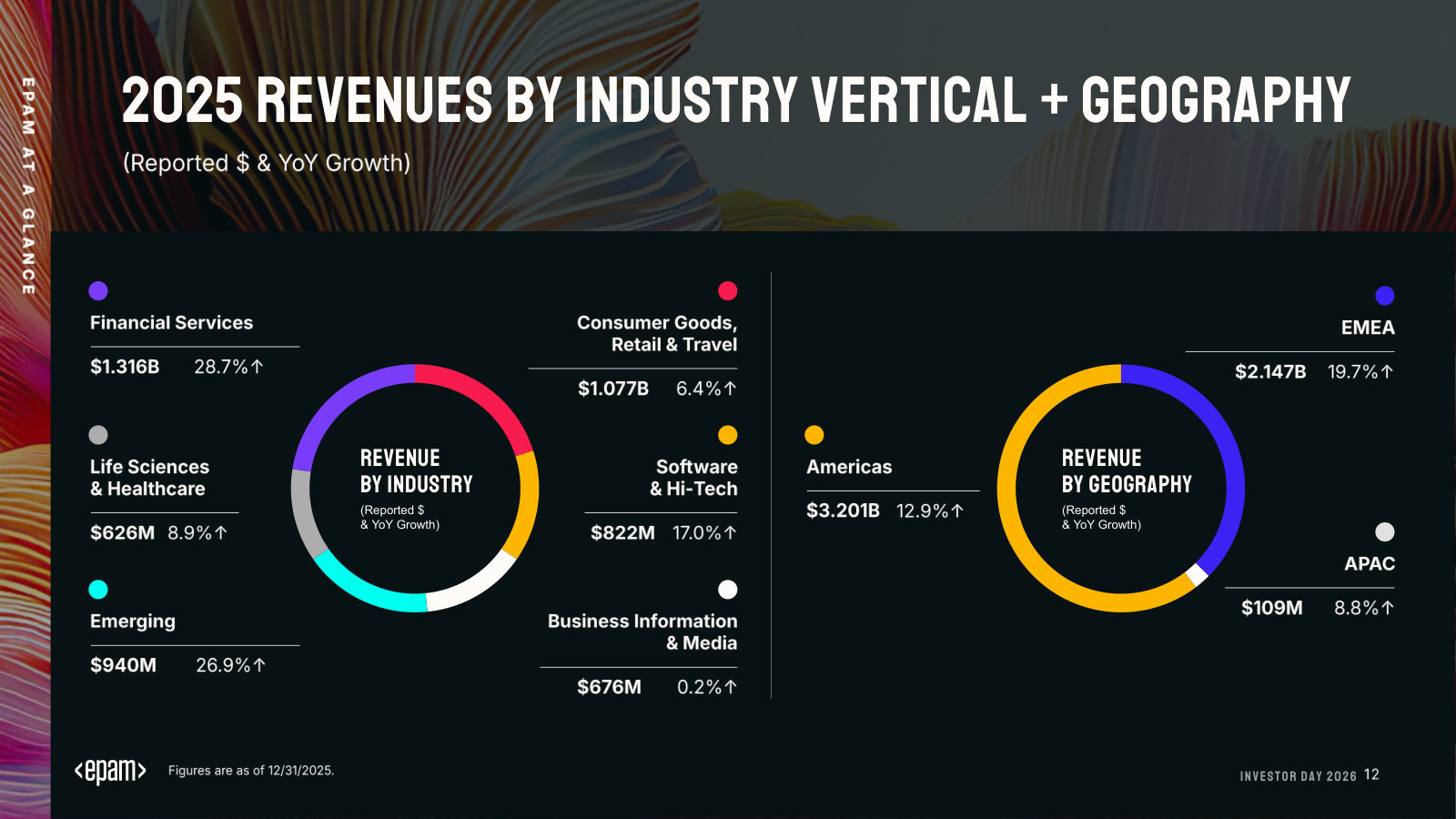 2025 revenue by industry vertical and geography, with growth rates — the shape of the business.