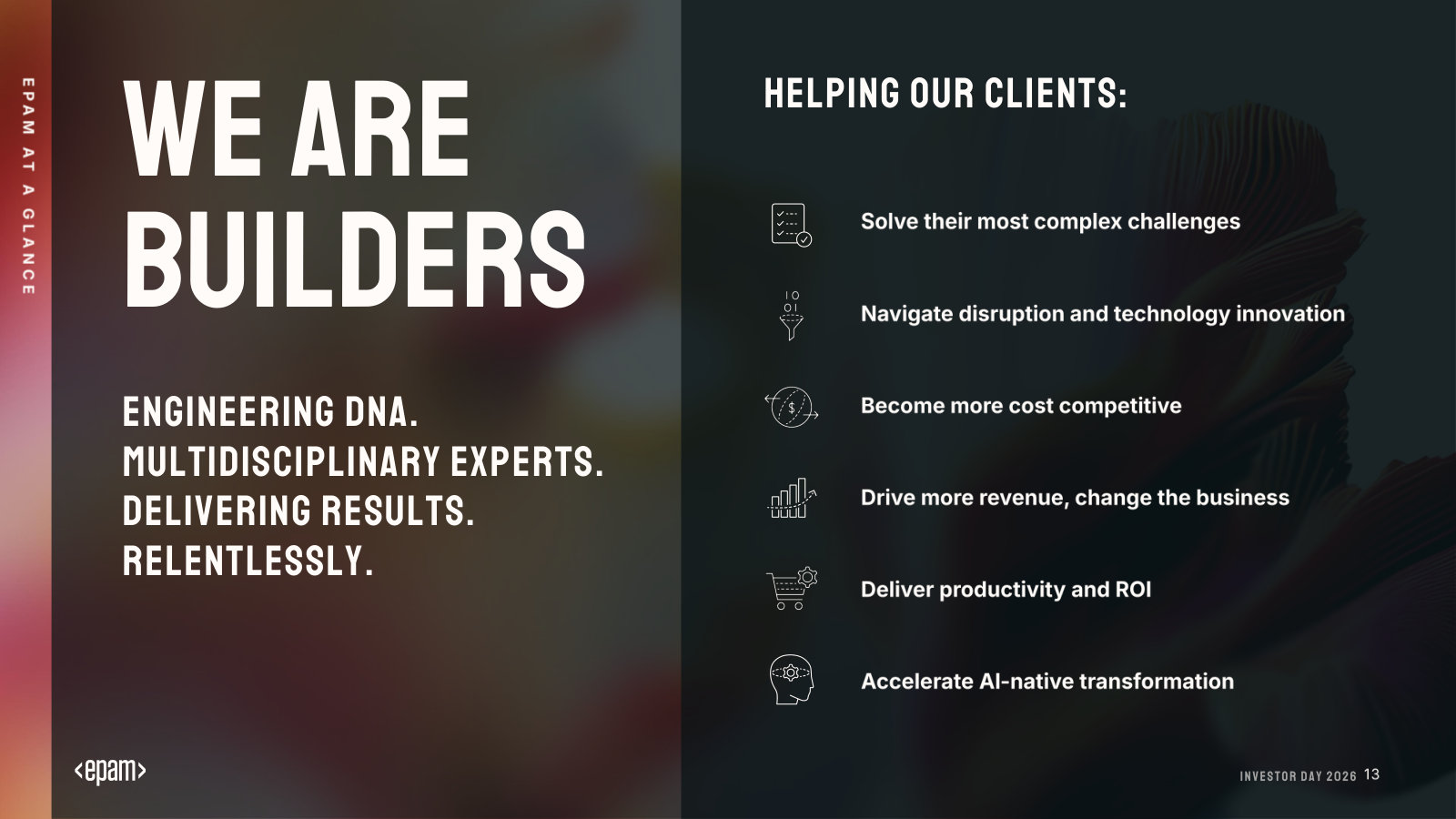 We Are Builders — the client-value framing: solve complexity, cut cost, drive revenue, accelerate AI-native change.
