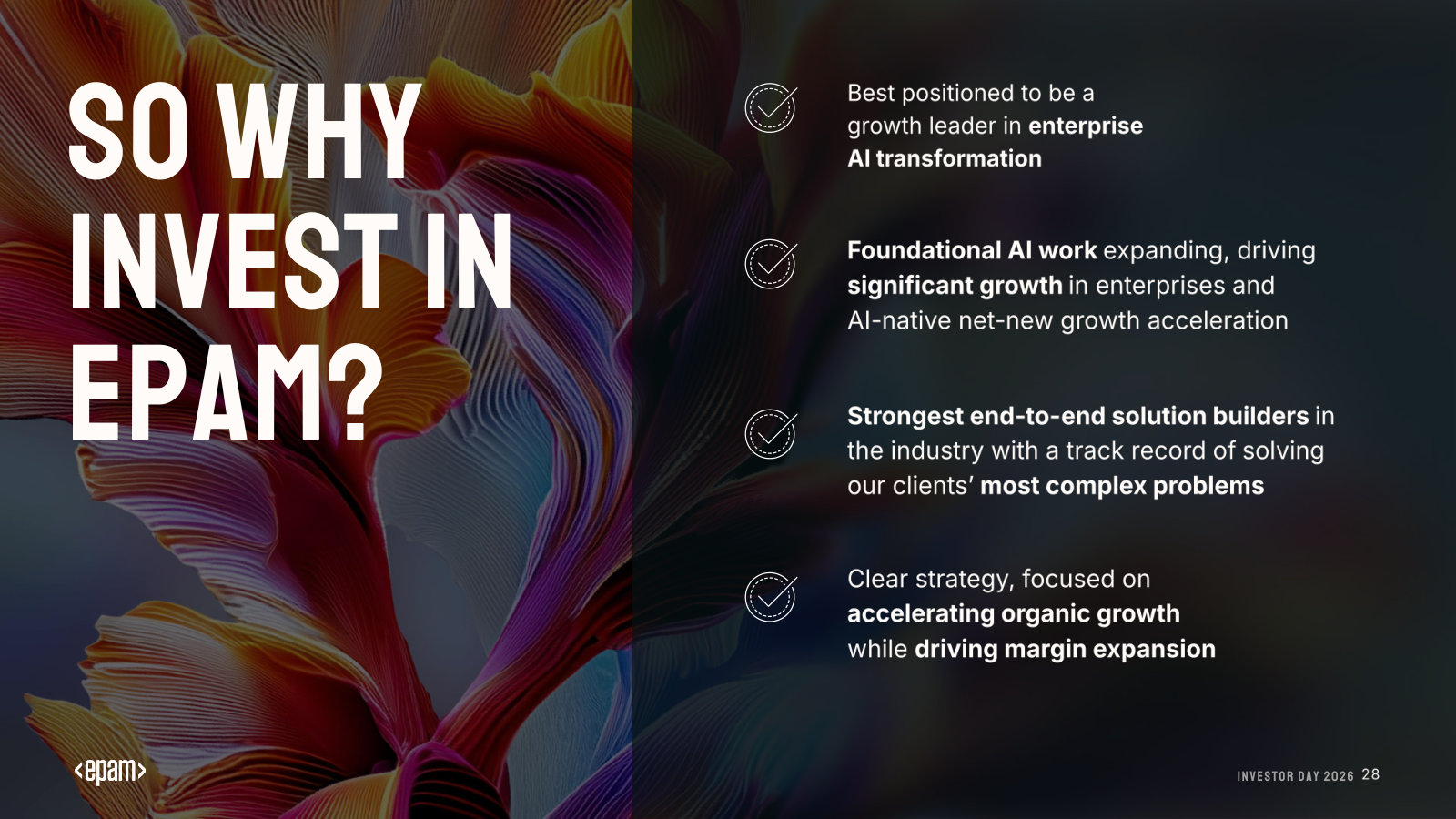 The investment thesis in one slide — the reasons management argues EPAM wins in the AI era.