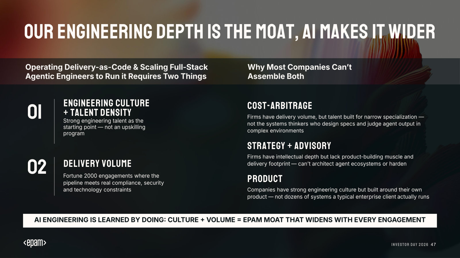 The competitive argument: engineering culture plus Fortune-2000 delivery volume is what rivals can't assemble.