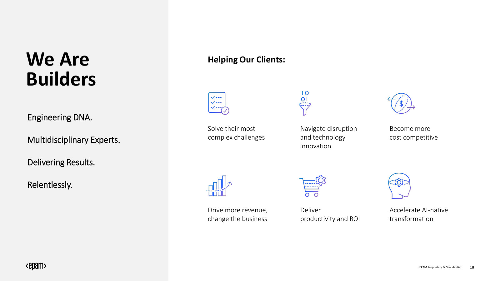 We Are Builders — how EPAM frames what it does for clients: solve complexity, cut cost, drive revenue, move to AI-native.