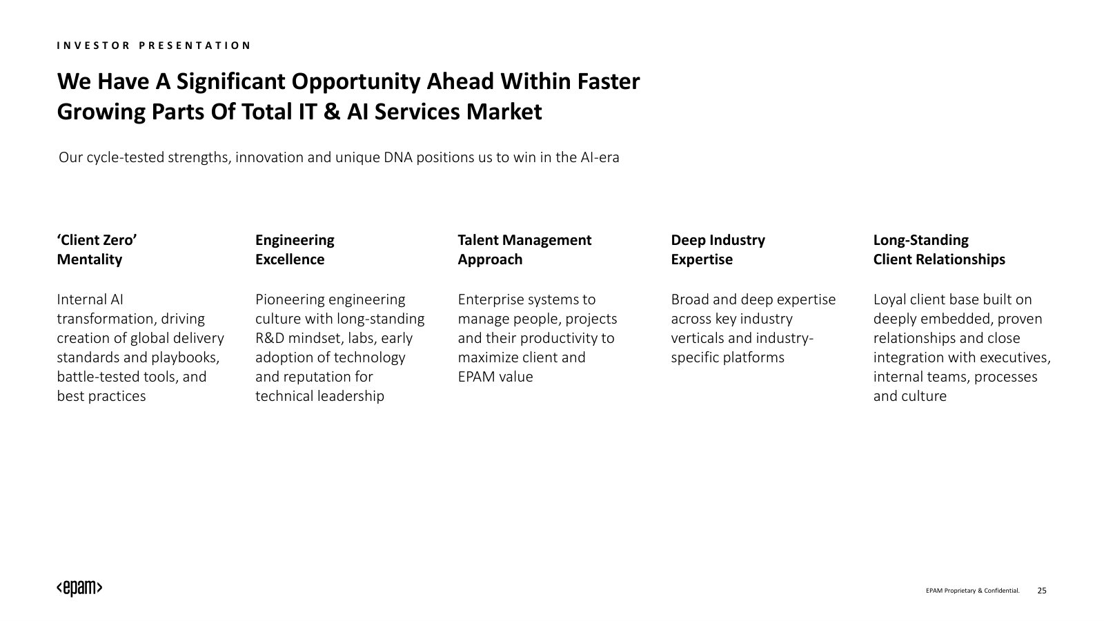 The five cycle-tested strengths EPAM says position it to win: Client Zero, engineering, talent, domain depth, client ties.
